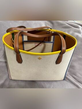 Tory Burch Beige Canvas Tote multicolor Trim and Brown Leather
